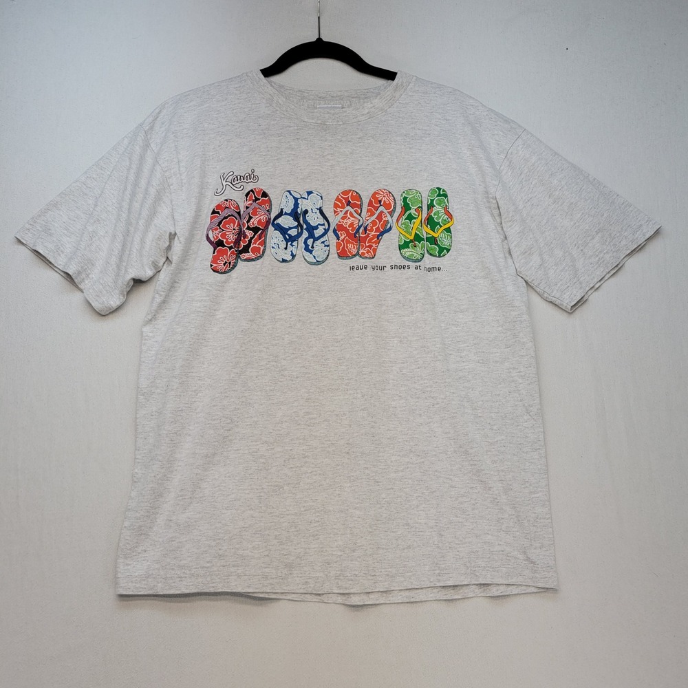 Kauai Graphic T-Shirt Womens Large Gray Flip Flops Souvenir Tee Sundog